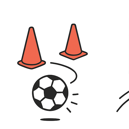 Cartoon van een bal die zigzagt tussen pionnen tijdens een balvaardigheidsoefening.