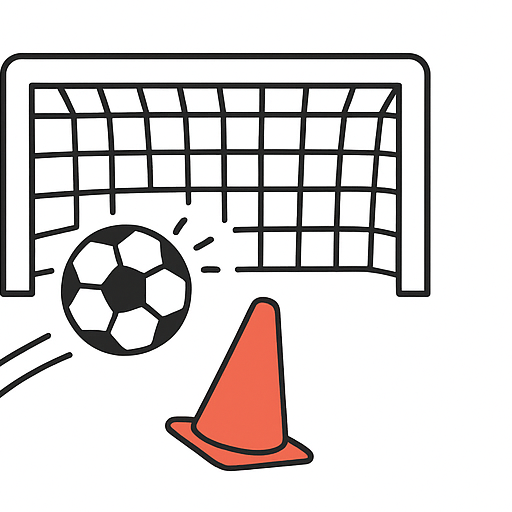 Cartoon van een bal die een pion omver schiet in een doel, onderdeel van een G-elftal training.