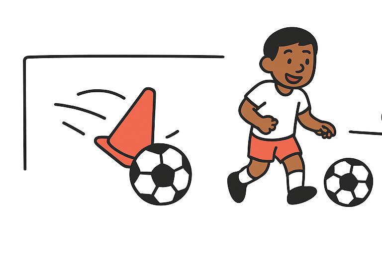 Cartoon van voetballers die samen een partijtje spelen met een bal, voor G-voetbaltraining.